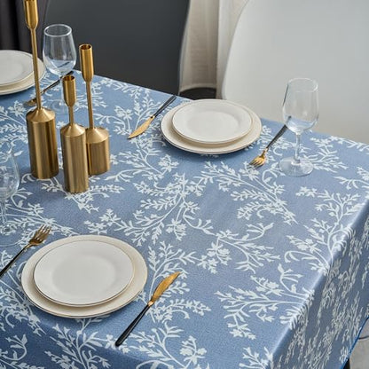 Pioggia Vinyl Tablecloth with Flannel Backing - Waterproof, Oil-Proof, Easy to Clean -Plastic Table Cloth - Perfect for Dining Tables, Kitchen Tables, Parties (Blue Leaves, 54×72 Inch Rectangular) - color: Blue Leaves, size: 72" x 54" (Rectangular)
