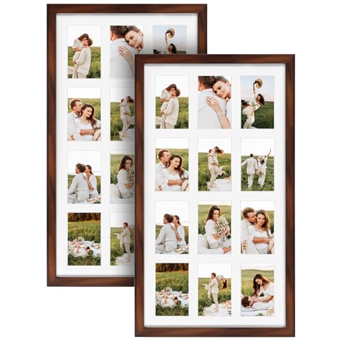 12 Opening 4x6 Collage Picture Frames Set of 2, Rustic Brown Multiple Frames for Displaying 6x4 Photos with Mat - color: Rustic Brown, size: 16X28 (4x6 Opening )-2 Pack