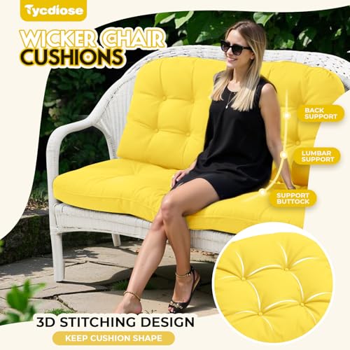 All Weather 3 Pieces Wicker Chair Cushions, Waterproof Outdoor Wicker Chair Cushion for Patio Furniture Loveseat Settee Bench, 1 Loveseat and 2 U-Shaped Thickened Cushions, Yellow - color: Yellow