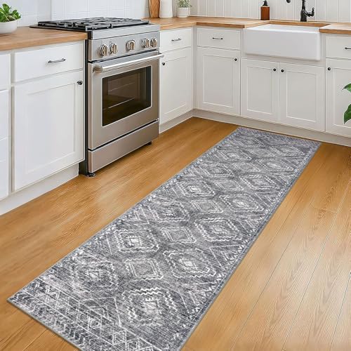 KILOCOCO Washable Runner Rug 2x6 ft Non-Slip Hallway Runners, Grey | Non Slip Runner Rug, Printed Kitchen Runner Rug, Low-Pile Entryway Runners, Soft Geometric Rugs for Bedroom Hall Living Room - color: Grey, size: 2' x 6' (Runner)