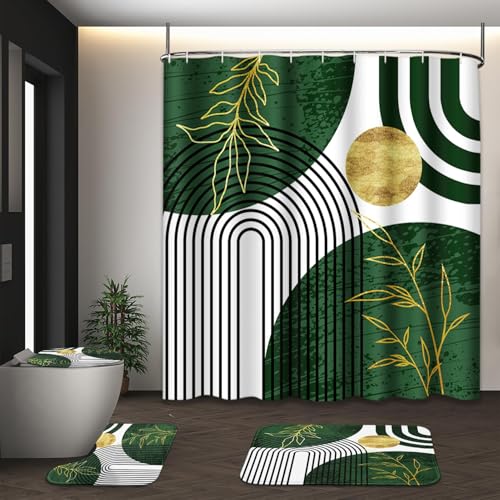 Bathroom Sets with Shower Curtain and Rugs, Geometric 4 Pcs, Boho | Abstract Midcentury Minimalist Bathroom Decor Set with Toilet Lid Cover, Non-Slip Bath Mats and Accessories 12 Hooks - color: Vintage Green