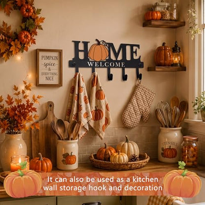 Halloween Home Pumpkin Key Holder Wall Mount Metal Fall Decorative Key Hooks Organizer Hanger Coat Rack with 5 Hooks Retro Welcome Autumn Halloween Decor for Entryway Bathroom 9.8 Inch - style: Pumpkin