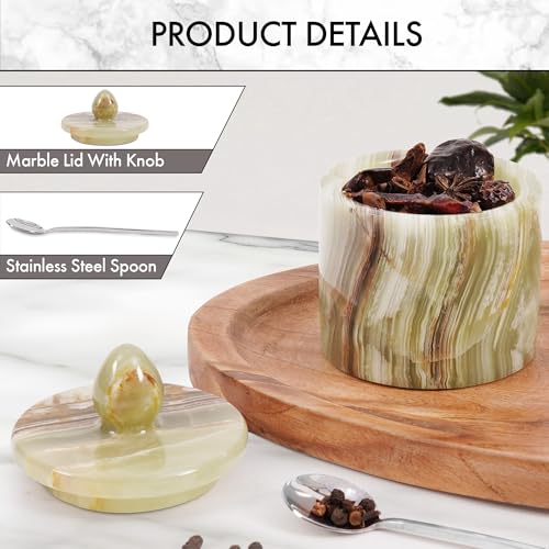 Marble Salt Cellar with Lid 4" Inch Green Handmade Table Salt Container & Sugar Bowl For Kitchen Countertop, Ideal Salt Dish & Salt Jar for Celtic Salts - color: Green onyx