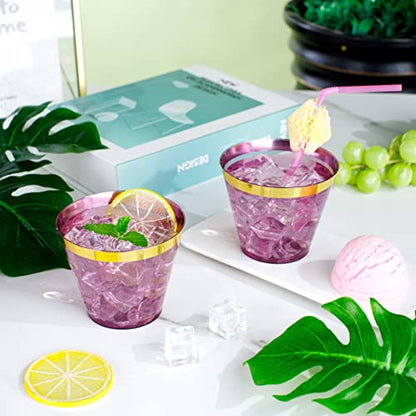 LUODA 150PCS Purple Plastic Cups,9oz Purple Disposable Cups with Gold Rim | Old Fashioned Tumblers Gold Rimmed Purple Plastic Cups,Unbreakable cups for Any occasion: Weddings, Parties, Business Events - color: Purple
