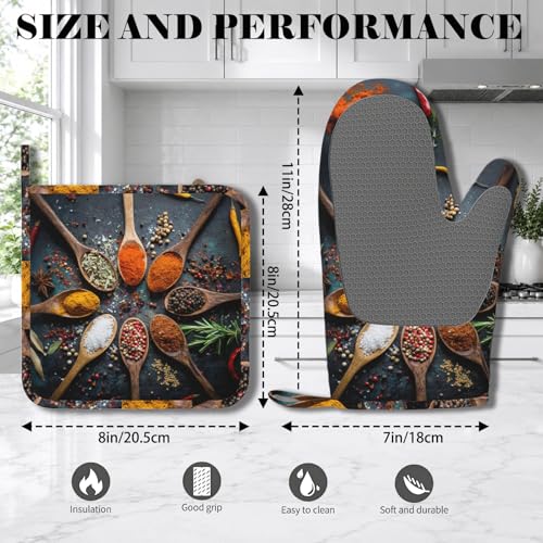 Various Spices and Herbs Heat-Resistant Oven Mitts and Pot Holder Kitchen Non-Slip Silicone Cooking Microwave Gloves for Cooking Baking Grilling - color: Various Spices and Herbs