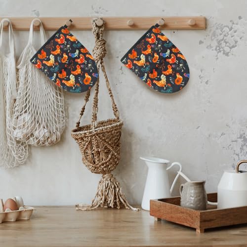 Rooster Mini Silicone Oven Mitts 2-Pack Set, Heat Slip Resistant Kitchen Gloves, Soft Short Oven Mittens for Safe Cooking Baking Grilling - color: Rooster