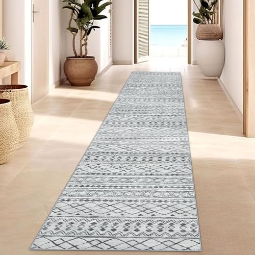 KUTA Washable Hallways Runner Rug 2x12 Boho Geometric Grey Vintage | Non-Slip, Non-Shedding, Low Pile, Ultra Soft Floor Carpet Rugs for Hallway Kitchen Entryway Bedroom Laundry Foyer - color: Grey, size: 2' x 12' (Runner)