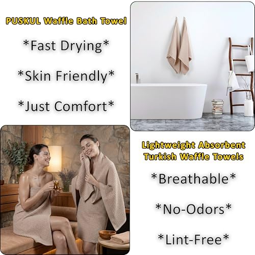 PÜSKÜL 2-Piece Natural 100% Turkish Cotton Waffle Bath Towels Extra-Large | Beige, 32x63" Bath Sheet Towel, Light Soft Absorbent Quick-Dry Lint-Free Premium Honeycomb Weave Oeko-Tex Made in Turkiye - color: Beige