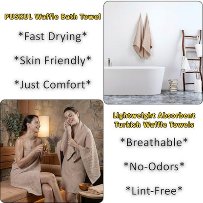 PÜSKÜL 2-Piece Natural 100% Turkish Cotton Waffle Bath Towels Extra-Large | Beige, 32x63" Bath Sheet Towel, Light Soft Absorbent Quick-Dry Lint-Free Premium Honeycomb Weave Oeko-Tex Made in Turkiye - color: Beige