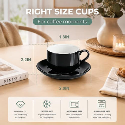 3 Ounce Espresso Cups Set of 4, Black | Stackable Demitasse Mugs, Includes Display Stand, Cups Saucers, and Spoons, for Machines & Home Use - color: Black