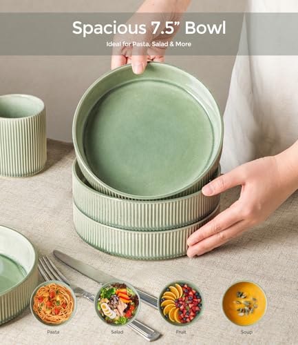 GBhome 7.5 Inch Pasta Bowls Set of 4, Ceramic Salad Bowls, Light Green | Double Reactive Glaze Bowls for Pasta, Noodles & Fruit, Scratch Resistant, Microwave & Dishwasher Safe - color: Light Green, size: Set of 4
