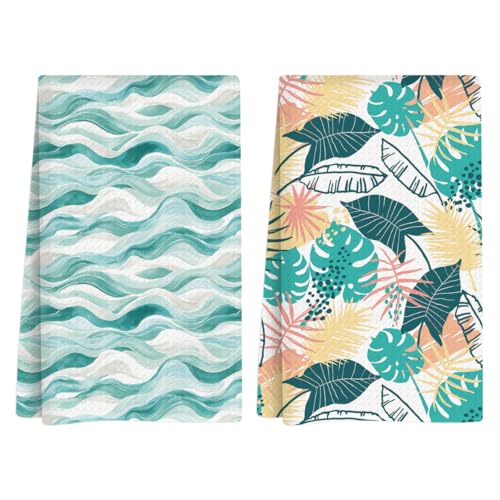 Summer Kitchen Towels, Summer Kitchen Bathroom Decor, Housewarming Gifts, Ocean Waves Leaf Waffle Decorative Dish Hand Towel for Seasonal Holiday Bathroom Home Bar Baking Set of 2 14x24 Inch - color: Ocean Waves Leaf