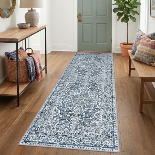 KUTA Vintage Washable Runner Rug 3x7 Blue White Wide Hallway Runner | Non-Slip, Non-Shedding, Low Pile, Easy Clean Distressed Flower Runners For Bathroom Kitchen Entryway Bedroom Laundry Foyer - color: Blue Floral, size: 3' x 7' (Runner)