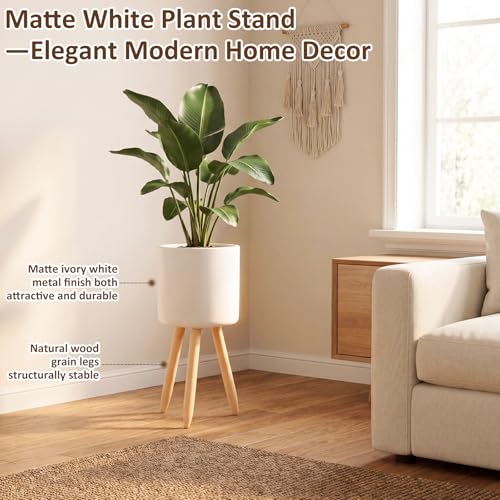 Plant Stand for Indoor Plants, Metal Planter Stand with Wooden Legs, White Flower Plant Pot Holder for Living Room, Office, Bedroom, Modern Home Decor