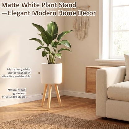 Plant Stand for Indoor Plants, Metal Planter Stand with Wooden Legs, White Flower Plant Pot Holder for Living Room, Office, Bedroom, Modern Home Decor