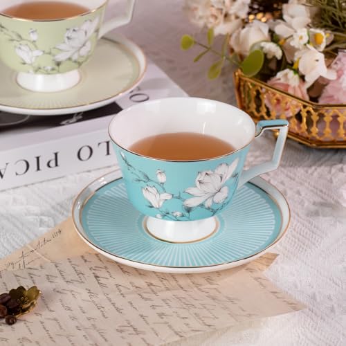 KAMMAK Ceramic Coffee Cups Saucers Set of 2, Porcelain Espresso Cups with Saucers, 8.12 oz Handcrafted Elegant Bone China Tea Cups, Blue & Sage Green Flower Teacup for Party, Office, Women Gift - color: Spring Magnolia (Green + Blue)