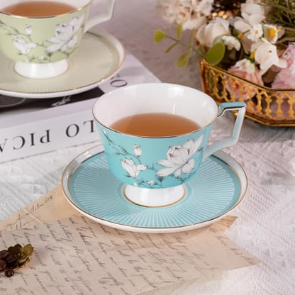 KAMMAK Ceramic Coffee Cups Saucers Set of 2, Porcelain Espresso Cups with Saucers, 8.12 oz Handcrafted Elegant Bone China Tea Cups, Blue & Sage Green Flower Teacup for Party, Office, Women Gift - color: Spring Magnolia (Green + Blue)