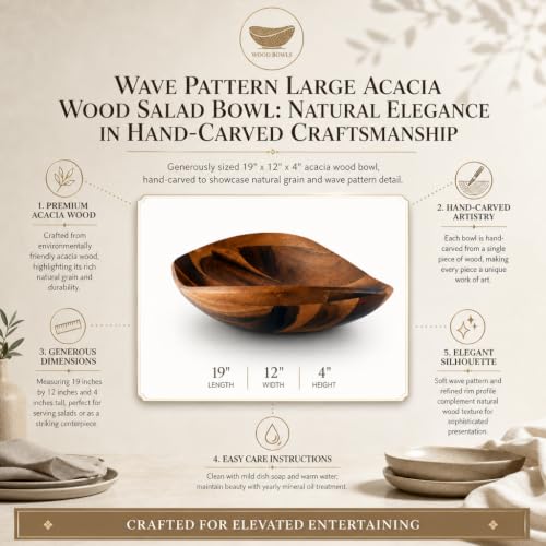 Arthur Court Wave Pattern Large Acacia Wood Salad Bowl - Modern Centerpiece for Fruits and Salads - 19 x 12 x 4 Inches - size: Wave