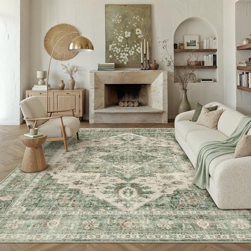 8x10 Green Retro Floral Washable Area Rug for Living Room | Low Pile, Non Slip, Vintage Distressed, Soft Large Area Rug for Living Room, Bedroom, Dining Room, Office, Home Decor - color: B| Green, size: 8' x 10' (Rectangular)