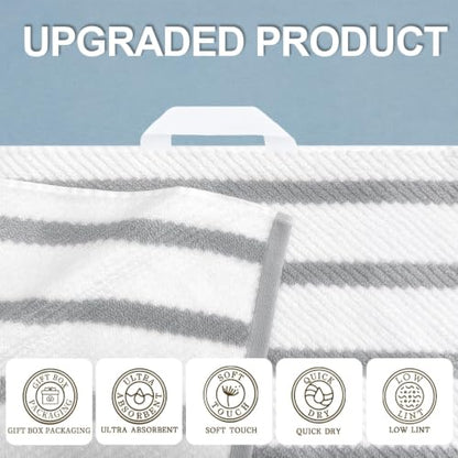 VOOVA & MOVAS Stripe 3PC Towel Set, 100% Cotton, Grey | 1 Stripe Large Bath 30x54 In,1 White Hand 18x28 In,1 Grey Washcloth 13x13 In, Quick Dry, Thick, Dorm Room Essentials - color: Grey+white Stripe, size: 3 PC Bathroom Towel Set