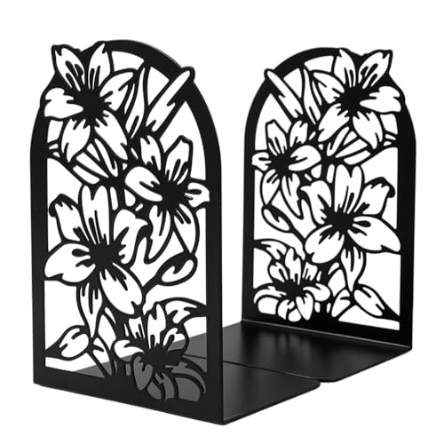 Hollow‑Out Flower Book Ends, Heavy Duty Bookends for Shelves | Non Skid Metal Book Divider Decorative Holder, Abstract Art Desgin Book Stopper Supports for Office, Home - color: Floral