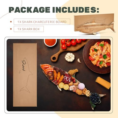 Funny Shark Charcuterie Board for Cutting Serving Cheese Meat Housewarming Gift Acacia Wood Decorative Charcuterie Board for Kitchen Birthday Xmas Wedding Parties, 24 x 9.1 x 0.6"(Grooved) - style: Grooved