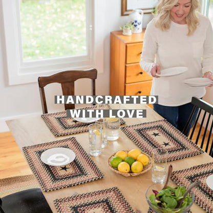 Homespice Gloucester Jute Braided Placemats, Rect 13x19 Set of 6 | Black and Red Everyday and Holiday Table Mats, Rich Colors, Reversible, Durable and Easy to Clean - color: Primitive Star Gloucester