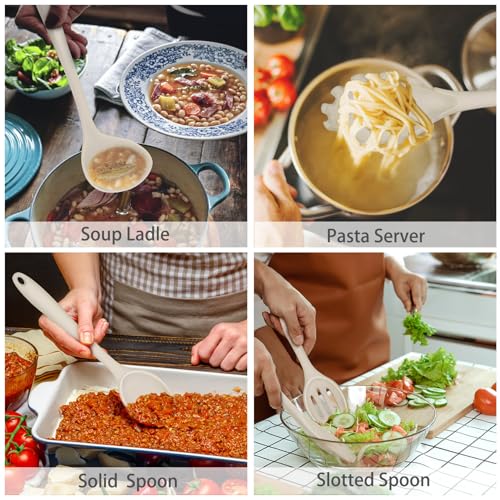 P&P CHEF Khaki Kitchen Utensils, Silicone Cooking Utensil Set of 7 | Soft Spatula for Nonstick Cookware, Slotted Turner, Soup Ladle, Pasta Server, Spoon for Cooking, Dishwasher Safe & Heat Proof - color: Khaki