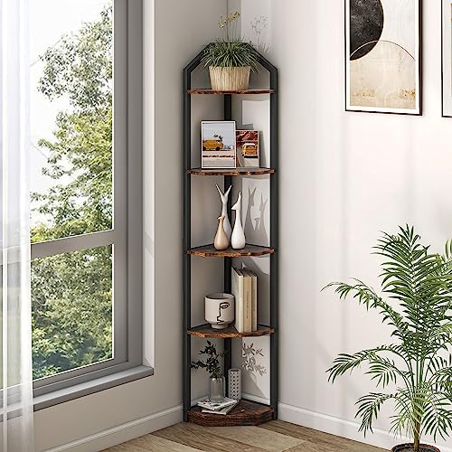 Fun Memories 5 Tier Corner Shelf, 70” Corner Shelf Stand, Corner Bookshelf Plant Stand, Storage Shelf for Bathroom, Living Room, Kitchen,Home Office, Brown - color: Rustic Brown