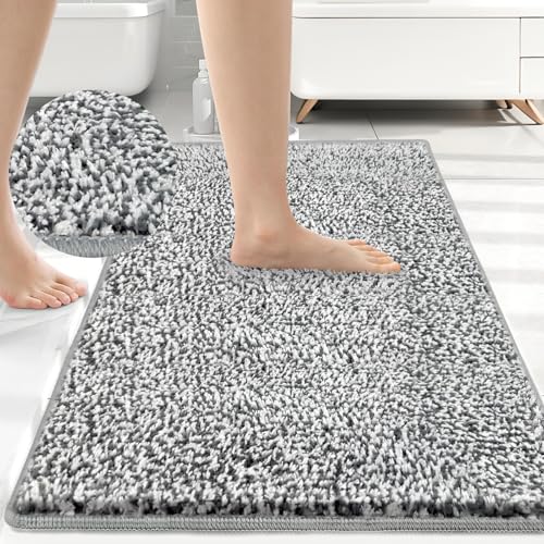 HDFK Bath Mat Non Slip 24x16 Inches 2 Tone Chenille Soft Medium Pile with TPR Backing | Absorbent Shower Rug | Light Gray Stain Hiding Bathroom Rugs for Wet Dry Transition Zone Front Decor - color: Grey, size: 1'4" x 2' (Rectangular)