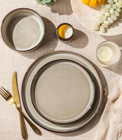 GBHOME Stoneware Dinnerware Sets for 4, 12 Pieces Plates and Bowls Set | Lightweight Ceramic Ribbed Dishes, Reactive Glaze Stackable Plate Set, Scratch Resistant, Microwave & Dishwasher Safe - color: Driftwood Taupe