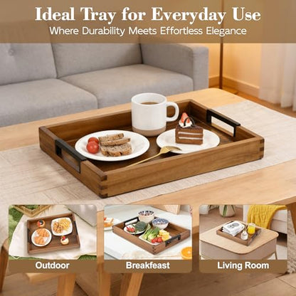 Large Ottoman Tray for Living Room and Coffee Table, Decorative Acacia Wood Serving Tray with Metal Handles for Breakfast in Bed, Dinner Food Kitchen TV (Natural, 20" x 14" x 2") - size: 20" x 14" x 2"
