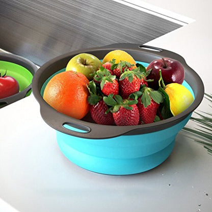 Qimh Collapsible Colander Set of 3 Round Silicone Kitchen Strainer Set - 2 pcs 4 Quart and 1 pcs 2 Quart- Perfect for Draining Pasta, Vegetable and fruit (green,blue, purple) - color: Multicolor