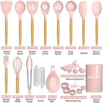 Umite Chef Silicone Kitchen Utensils Set, 33 Piece Non-Stick Kitchen Utensils with Stand, Wooden Handle, Pink - color: Pink