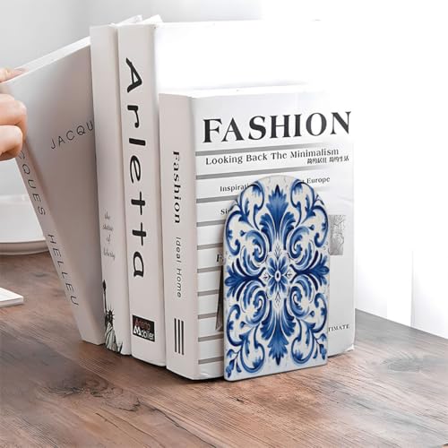 Blue White Flower Ceramic Pattern Bookends Decorative Wooden Book Ends Heavy Duty Metal Bookends Non Slip Book Holders for Shelves Desk Office Library Home Decor
