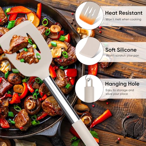 TeamFar Kitchen Utensils Set of 8, Silicone Utensils Kitchen Tools Set | with Stainless Steel Handle, for Frying Serving Flipping Draining, Non-toxic & Heatproof, Nonstick & Dishwasher Safe - Khaki - color: Khaki