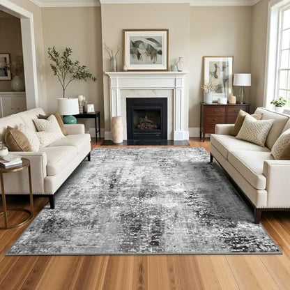 Living Room Area Rug 9x11 Rugs Modern Machine Washable Rug Non Slip Low Pile Large Abstract Rug for Living Room, Bedroom, Farmhouse, Dining Room, Black&Grey - color: Dark Grey, size: 9' x 11' (Rectangular)