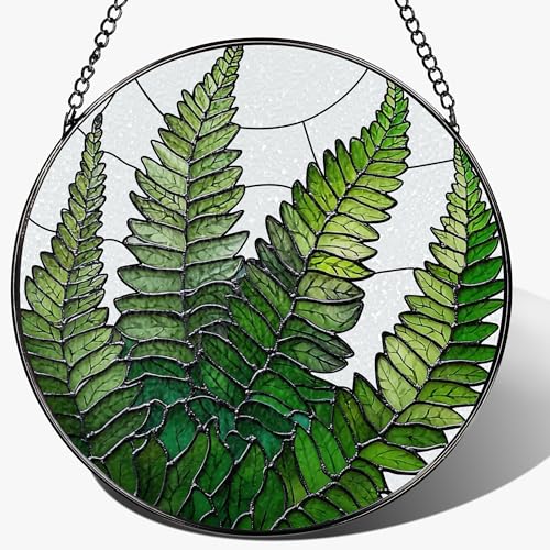 8-Inch Stained Glass Ornament, Stained Glass Window Hanging, Window Hanging Decor Suncatcher, Fern Plant Ornament | Christmas, Mother's Day, Birthday | Gifts for Mom, Grandma Gifts, Plant Lover Gift - color: Fern Plant