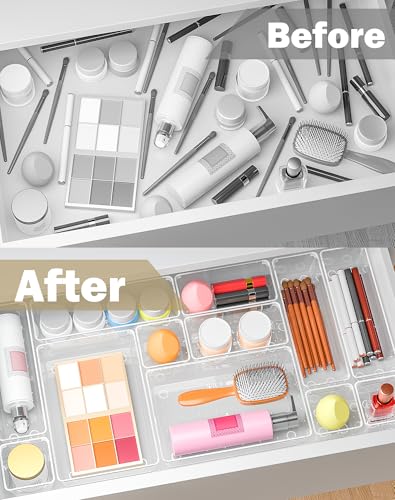 15Pcs Clear Plastic Drawer Organizers Set, 4size makeup drawer organizer trays for vanity/desk/bathroom/office/nightstand/gadgets for kitchen/desk drawer, Versatile drawer divider storage bins - size: 15 Pcs