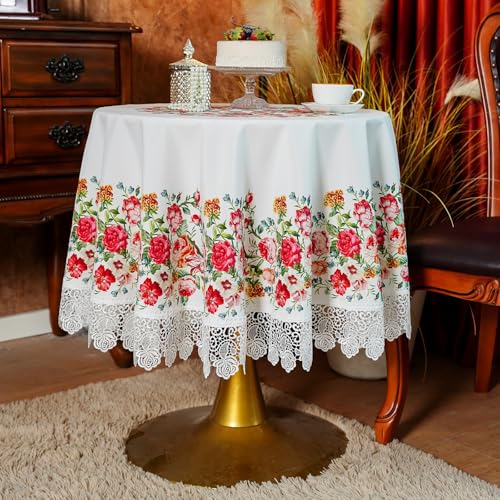 SUTAVIA Lace Tablecloth 60" Round White Embroidery Rose | Vintage Country Waterproof Table Cloth Farmhouse Decoration Washable Table Cover for Home Holiday Party Dining Table - color: White, size: 60" (Round)