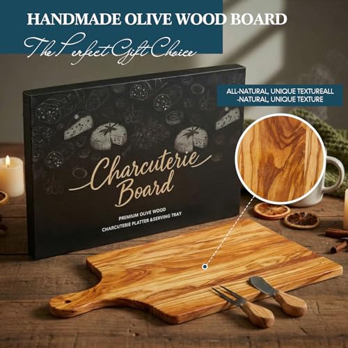 Olive Wood Charcuterie Board Knife Fork Set Rectangle Long Handle | 15x10 Handcrafted Cheese Serving Platter, Wedding Housewarming Gifts Couples, Natural Wood Grain Kitchen Board - color: Olive Wood, style: Rectangle with Long Handle