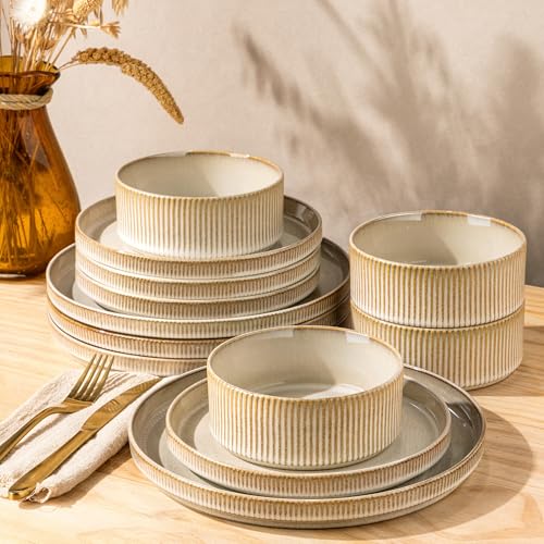 GBHOME Stoneware Dinnerware Sets for 4, 12 Pieces Plates and Bowls Set | Lightweight Ceramic Ribbed Dishes,Reactive Glaze Stackable Plate Set,Scratch Resistant,Microwave & Dishwasher Safe,Cappuccino - color: Cappuccino