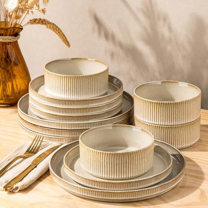 GBHOME Stoneware Dinnerware Sets for 4, 12 Pieces Plates and Bowls Set | Lightweight Ceramic Ribbed Dishes,Reactive Glaze Stackable Plate Set,Scratch Resistant,Microwave & Dishwasher Safe,Cappuccino - color: Cappuccino