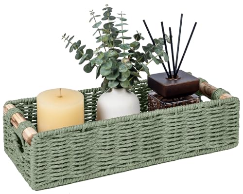 CubesLand Back of Toilet Storage Basket for Organizing W/Cut Out Handle | Handwoven Toilet Tank Top Paper Baskets, Wicker Decorative Basket for Countertop, Home Decor, Living Room, Nursery, Green - color: Green, size: M-14.17" (L) X 6.29" (W) X 3.54" (H)