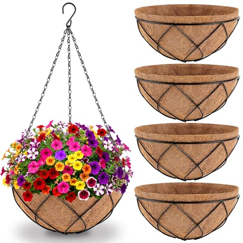 Hanging Baskets for Plants Outdoor, 4 Packs 12 Inch Metal Wire Hanging Planter with Coconut Liners, Flower Basket Pot for Outside Garden Patio Porch Balcony Fence