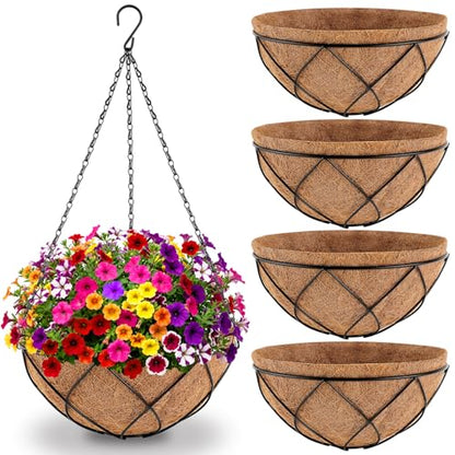 Hanging Baskets for Plants Outdoor, 4 Packs 12 Inch Metal Wire Hanging Planter with Coconut Liners, Flower Basket Pot for Outside Garden Patio Porch Balcony Fence