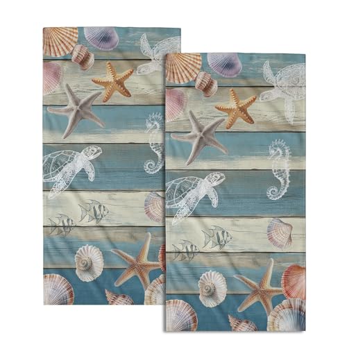 Giwawa Coastal Starfish Hand Towels Set of 2 Summer Sea Turtle Decorative Bath Towels Guest Soft Fingertip Towels for Bathroom Kitchen Hotel Gym - color: Coastal Starfish