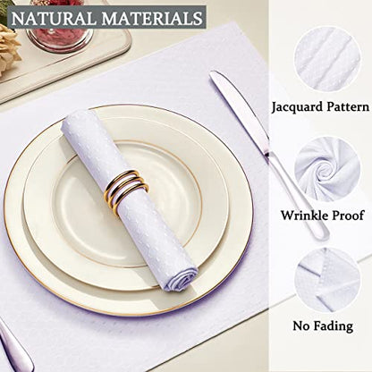 White Jacquard 17x17 Square Polyester Cloth Napkins Set of 8 | Waterproof, Stain Resistant, Shrink Proof, Washable, fabric, Outdoor, Dining, Wedding, Kitchen, Party, Banquet, Reusable - color: White