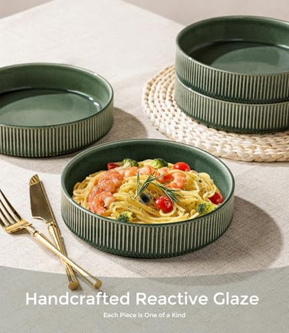 GBhome 7.5 Inch Pasta Bowls Set of 4, Ceramic Salad Bowls, Dark Green | Double Reactive Glaze Bowls for Pasta, Noodles & Fruit, Scratch Resistant, Microwave & Dishwasher Safe - color: Dark Green, size: Set of 4