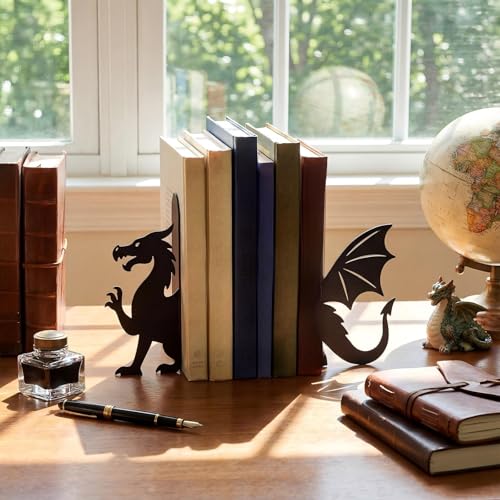 Dragon Bookends Set of 2 Styles Metal Book Ends for Shelves | Gothic Dragon Head Wings Design, Sturdy Metal Construction, Non-slip Base, Home Office Bookshelf Gift Dragon Lovers - style: Evil Dragon